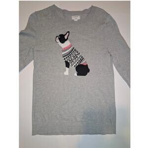 J Crew Sweater Women’s S Gray Boston Terrier Dog Long Sleeve Cotton Teddie